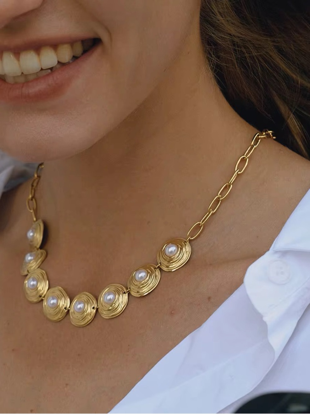 18K Gold Plated Pearl Medallion Statement Necklace - Picture 6 of 8